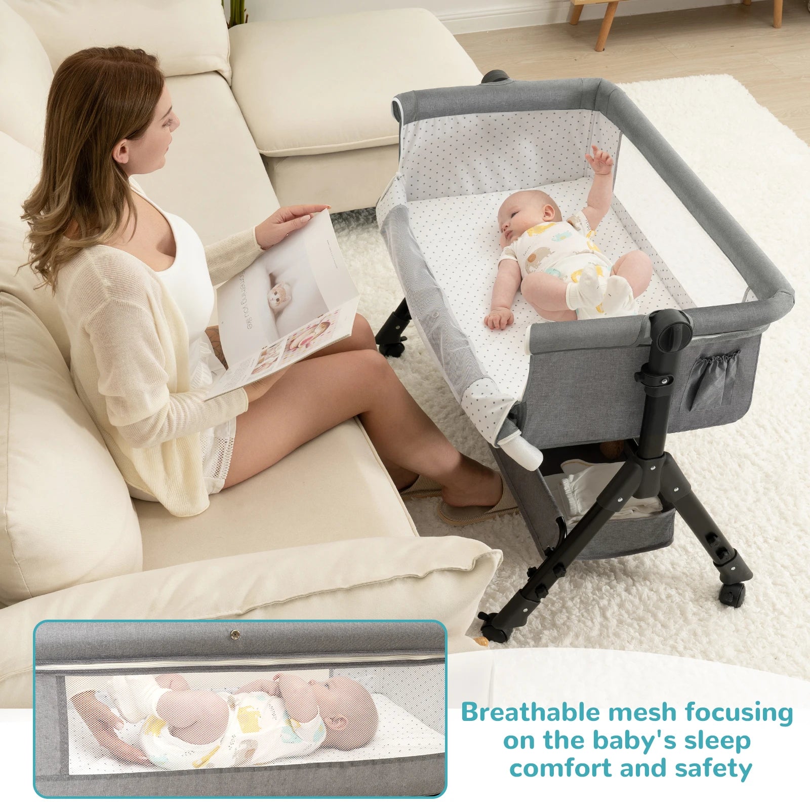 3 in 1 Baby Bassinet Bedside Sleeper, Easy to Assemble & Foldable Portable Baby Cradle for Newborns