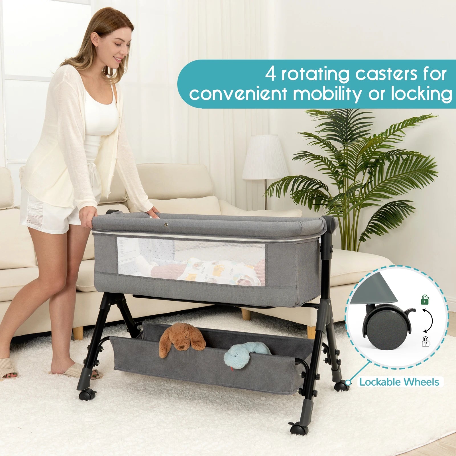 3 in 1 Baby Bassinet Bedside Sleeper, Easy to Assemble & Foldable Portable Baby Cradle for Newborns