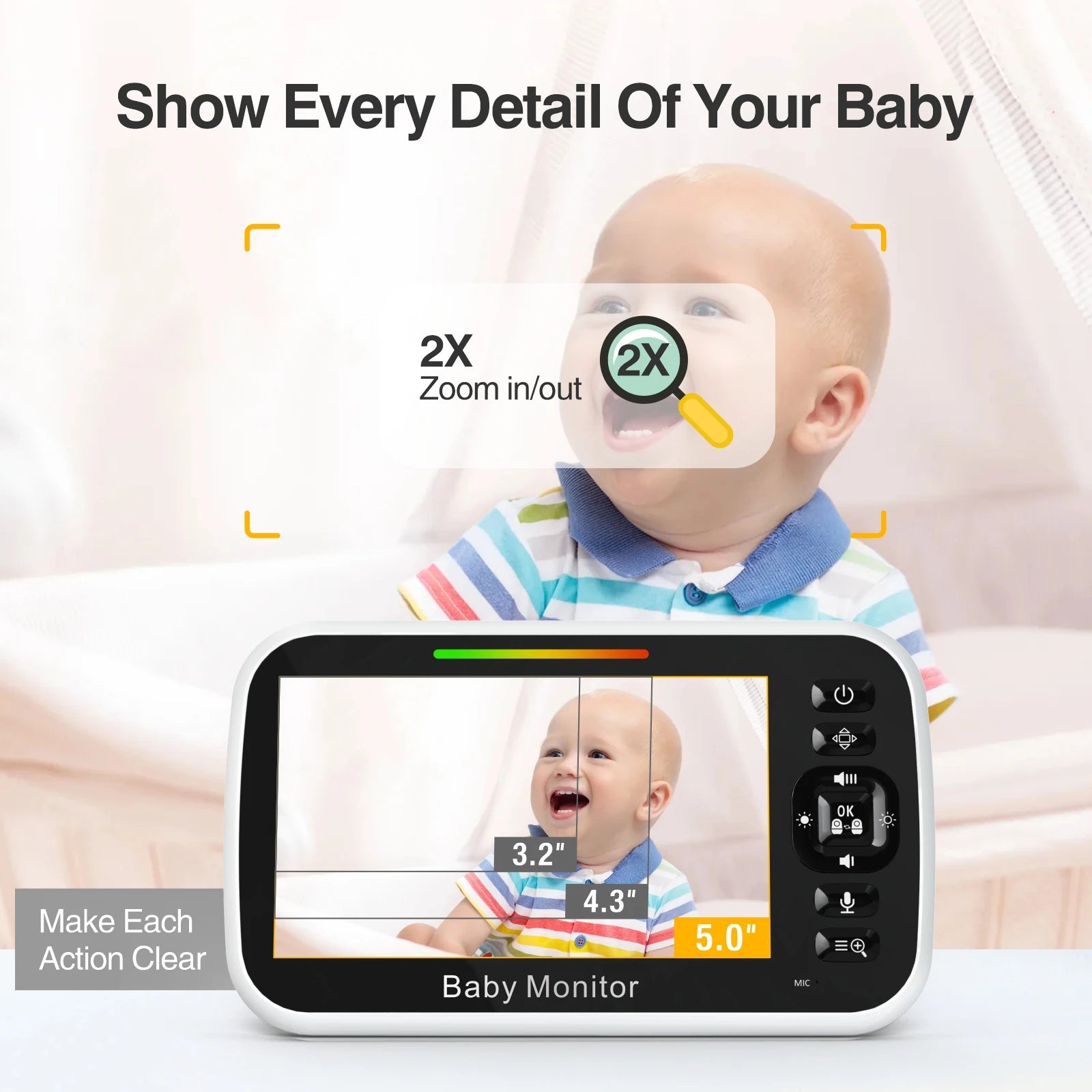 Baby Monitor  Night Vision Sound Activated Built-in Lullabies Two Way Audio Temperature 5inch Baby Monitor Camera with Screen