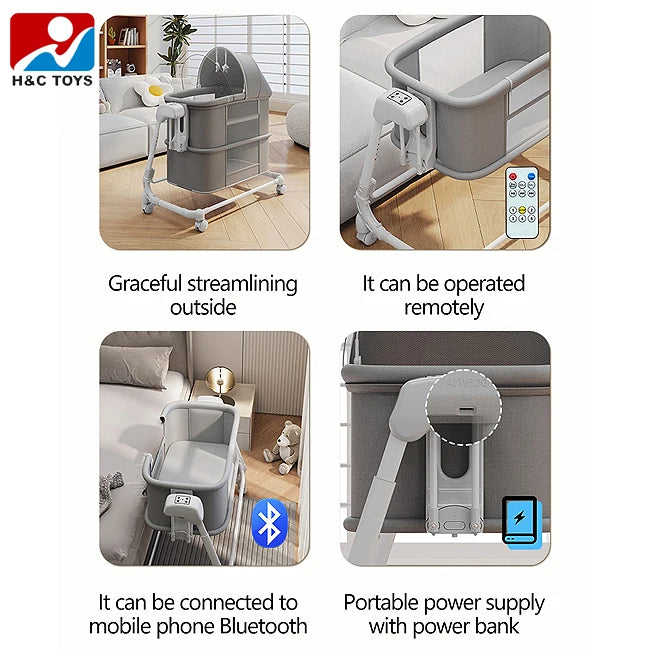 Electric Baby Rocking Crib with Bluetooth Remote Control Multi-functional Foldable Splicing Baby Soothing Sleeping Bed