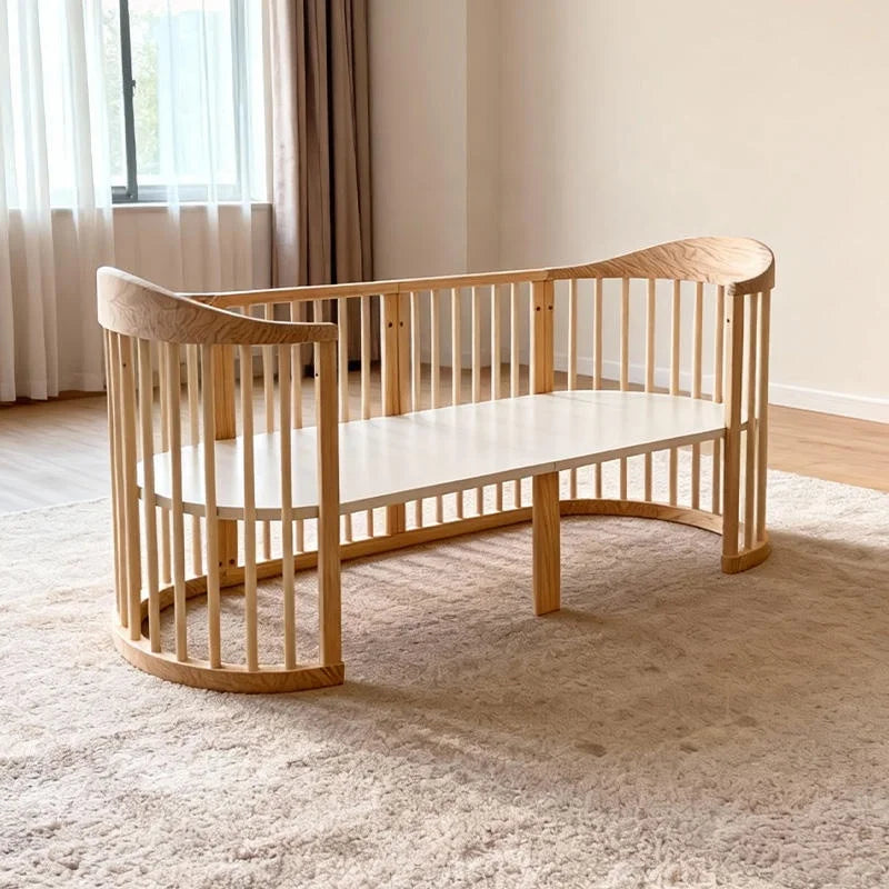NZMAN Varnished Nursery Furniture Sets Convertible 3-in-1 Newborn Baby Oval Shaped Wooden BPA Free Cot Bed Crib with Wheels