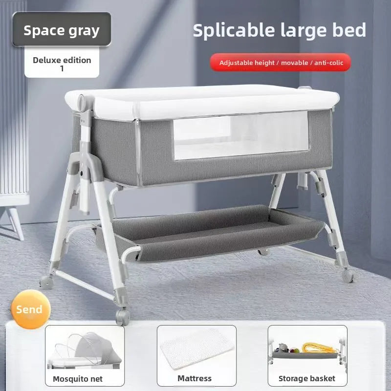Portable Mobile Foldable Height-Adjustable Baby Crib with Mosquito Net & Rollers Joinable to Adult Bed Anti-Spillage