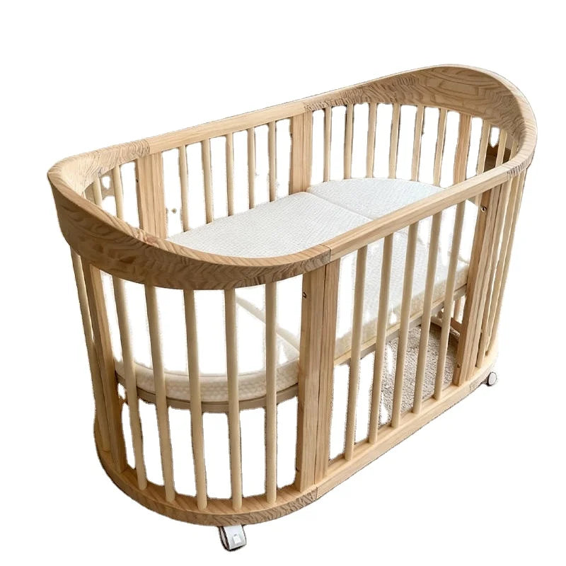 NZMAN Varnished Nursery Furniture Sets Convertible 3-in-1 Newborn Baby Oval Shaped Wooden BPA Free Cot Bed Crib with Wheels
