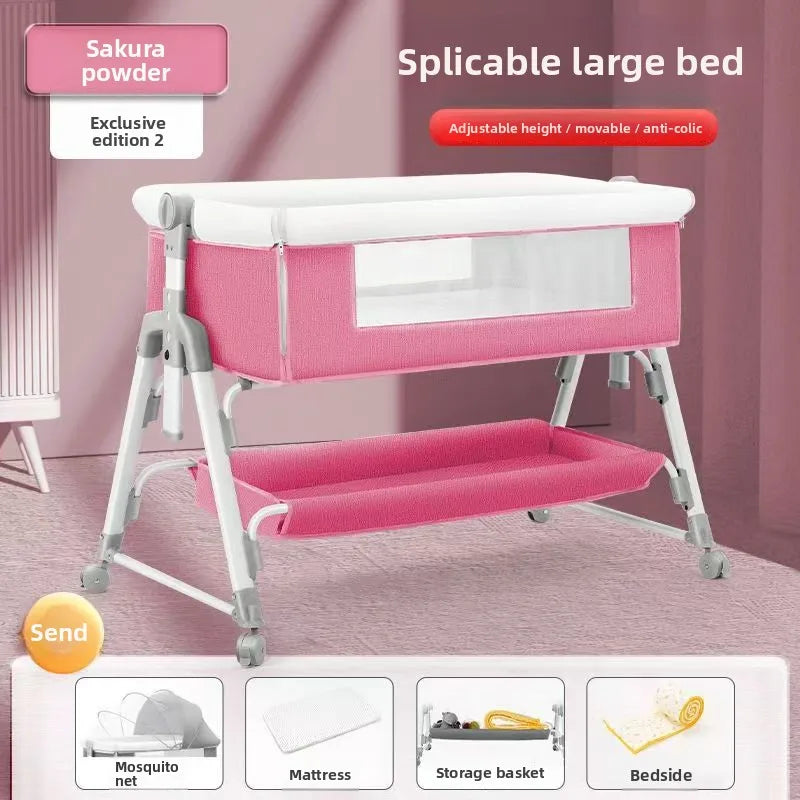 Portable Mobile Foldable Height-Adjustable Baby Crib with Mosquito Net & Rollers Joinable to Adult Bed Anti-Spillage
