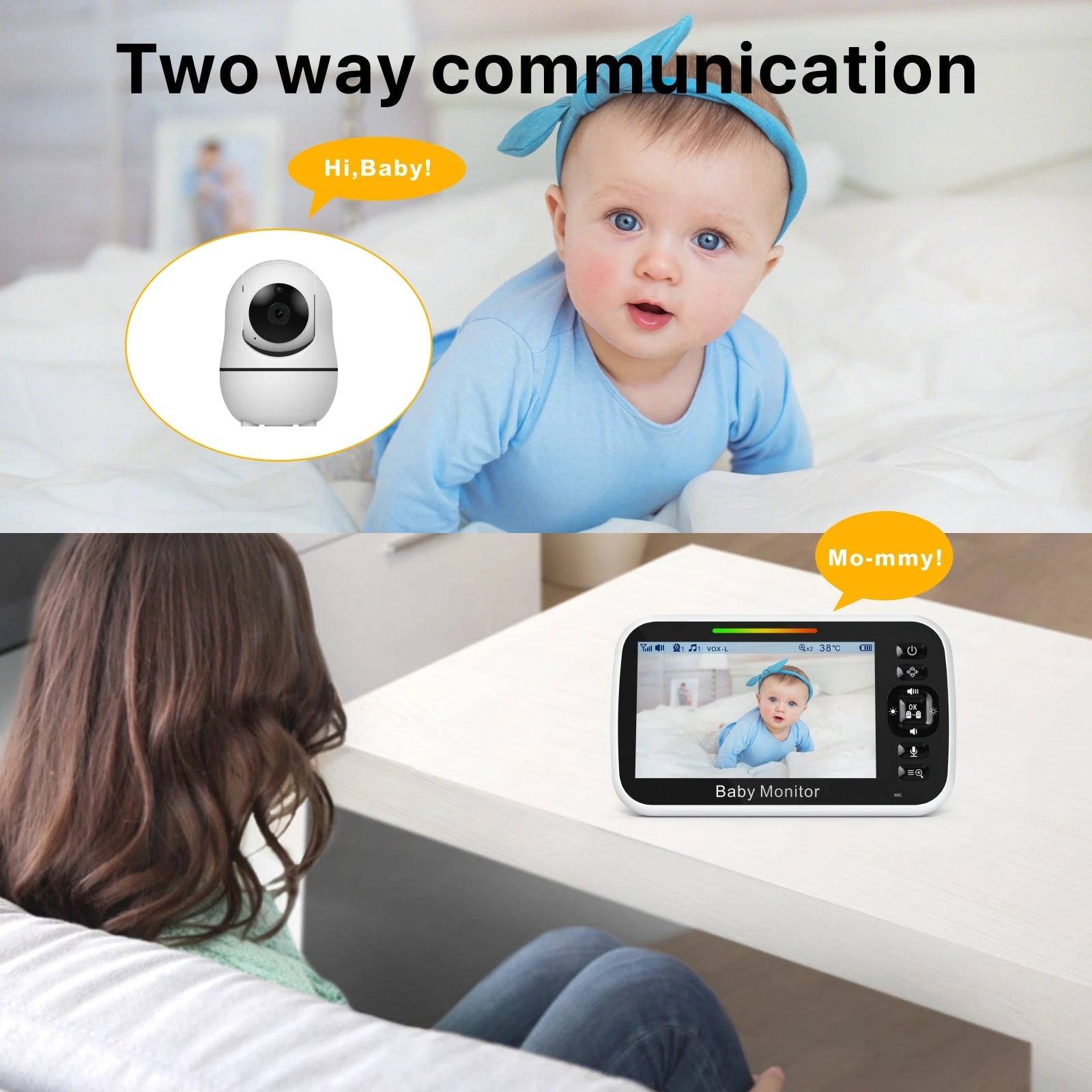 Baby Monitor  Night Vision Sound Activated Built-in Lullabies Two Way Audio Temperature 5inch Baby Monitor Camera with Screen