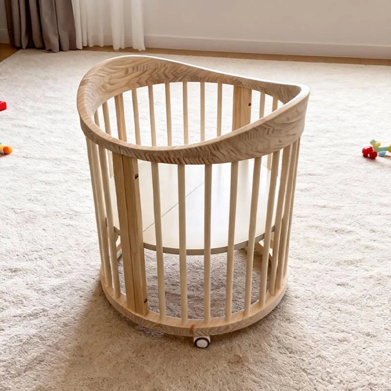 NZMAN Varnished Nursery Furniture Sets Convertible 3-in-1 Newborn Baby Oval Shaped Wooden BPA Free Cot Bed Crib with Wheels