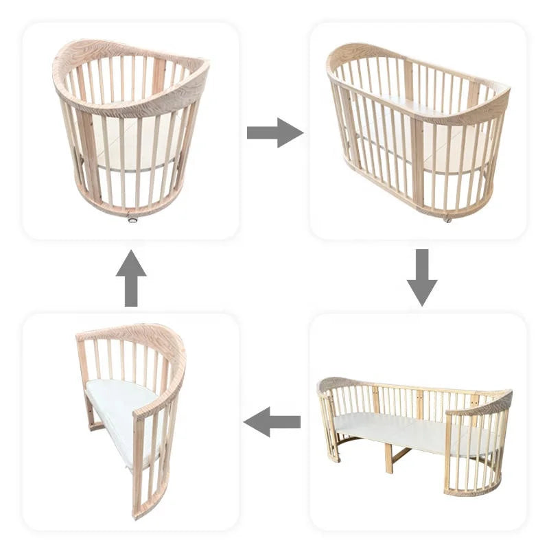 NZMAN Varnished Nursery Furniture Sets Convertible 3-in-1 Newborn Baby Oval Shaped Wooden BPA Free Cot Bed Crib with Wheels