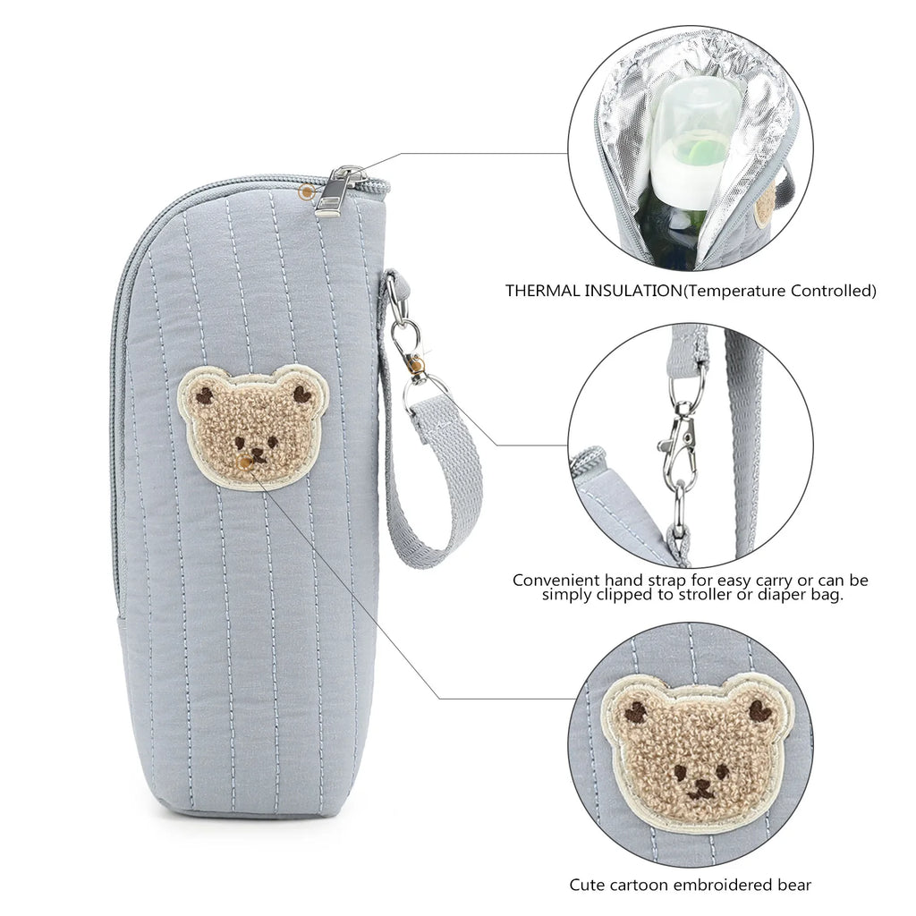 Portable Baby Bottle Bag with Polyester Insulation Heat Retention Cartoon Bear Design for Stroller Storage