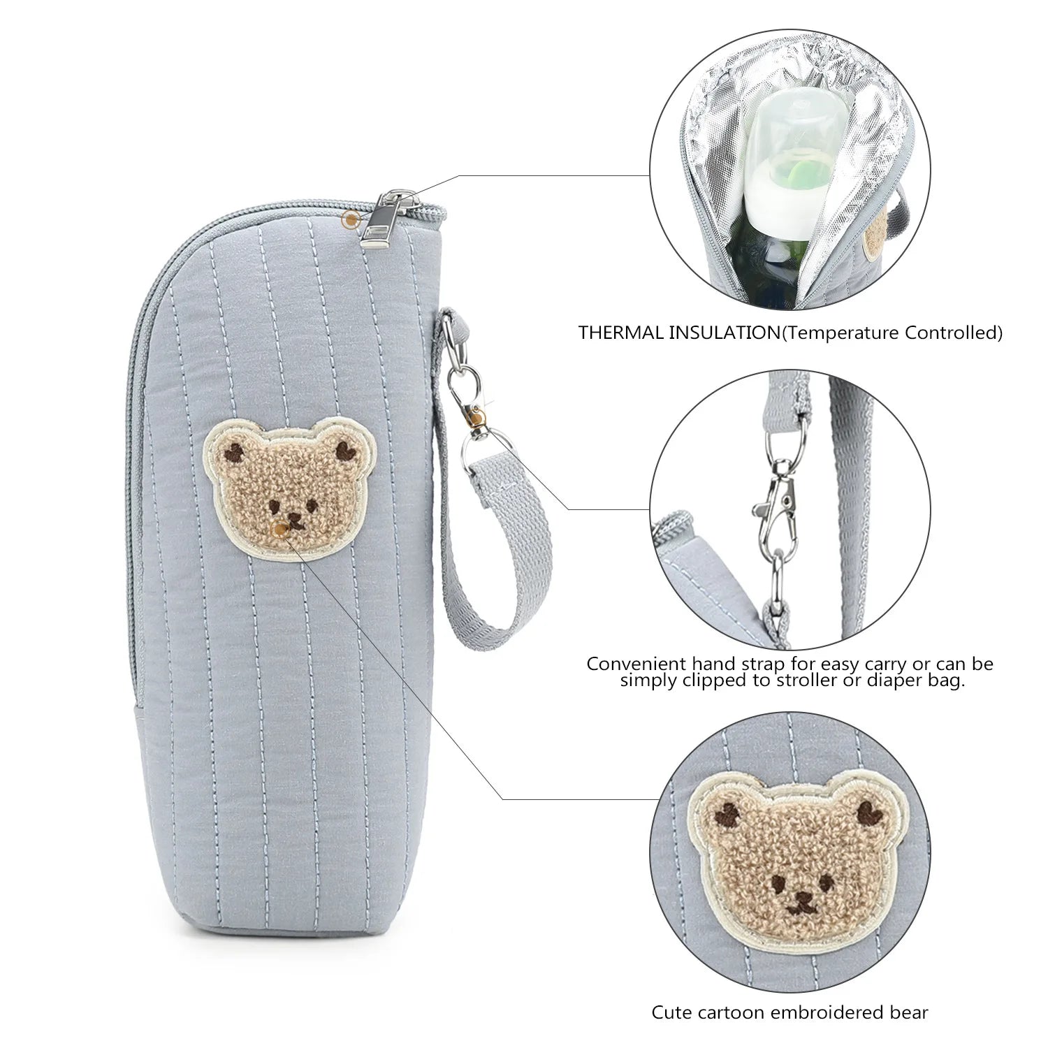 Portable Baby Bottle Bag with Polyester Insulation Heat Retention Cartoon Bear Design for Stroller Storage