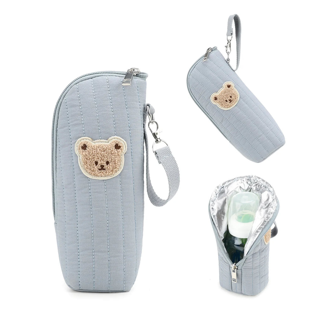 Portable Baby Bottle Bag with Polyester Insulation Heat Retention Cartoon Bear Design for Stroller Storage