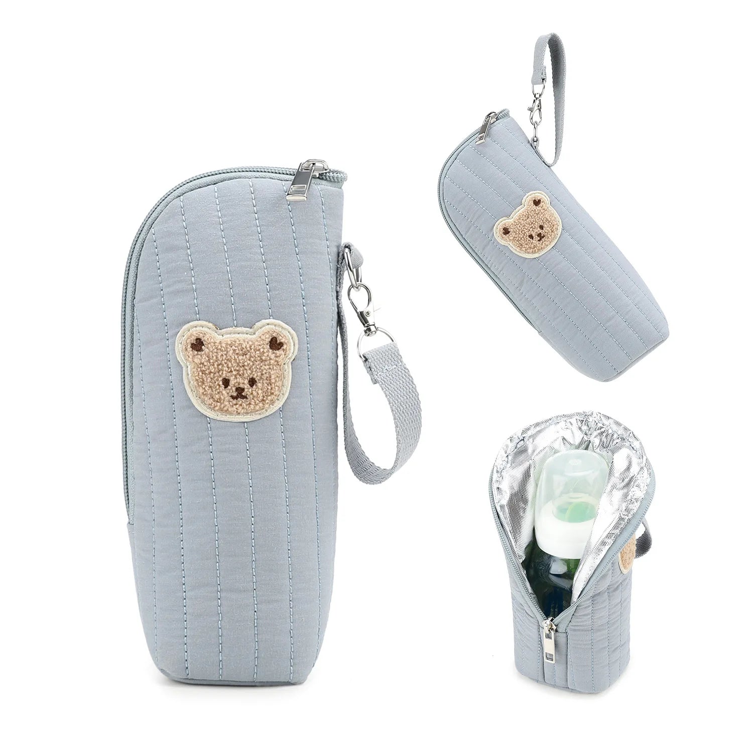 Portable Baby Bottle Bag with Polyester Insulation Heat Retention Cartoon Bear Design for Stroller Storage