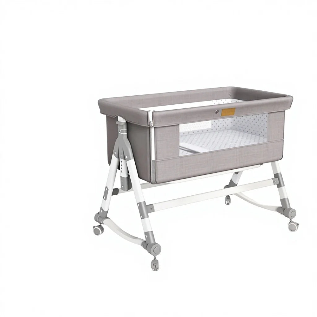 Portable Mobile Foldable Height-Adjustable Baby Crib with Mosquito Net & Rollers Joinable to Adult Bed Anti-Spillage