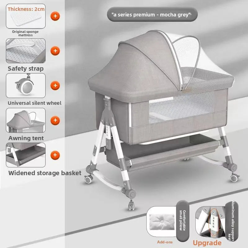 Portable Mobile Foldable Height-Adjustable Baby Crib with Mosquito Net & Rollers Joinable to Adult Bed Anti-Spillage