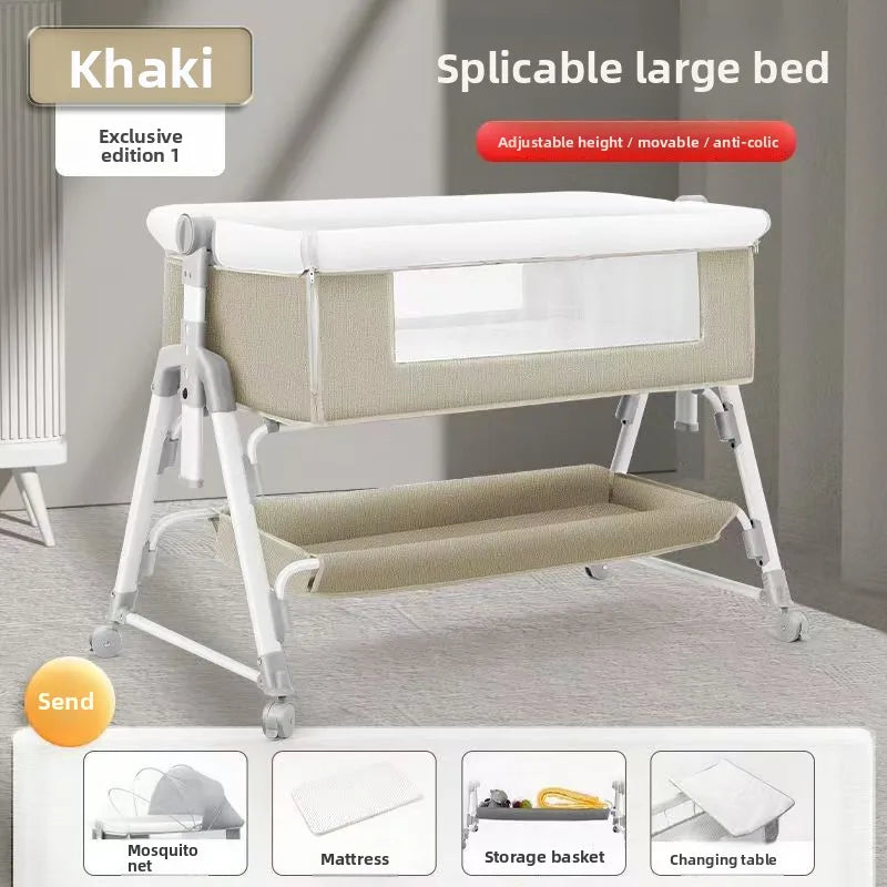 Portable Mobile Foldable Height-Adjustable Baby Crib with Mosquito Net & Rollers Joinable to Adult Bed Anti-Spillage