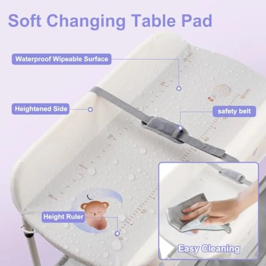 2-in-1 Baby Bathtub with Changing Table Foldable Diaper Changing Station with 4 Wheels Waterproof Pad Storage Rack and Baby Bat
