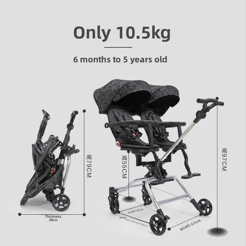 Lightweight Twin Stroller, A Must-have for Two-child Travel, with A Reclining and Sitting Position and A Swivel Seat.