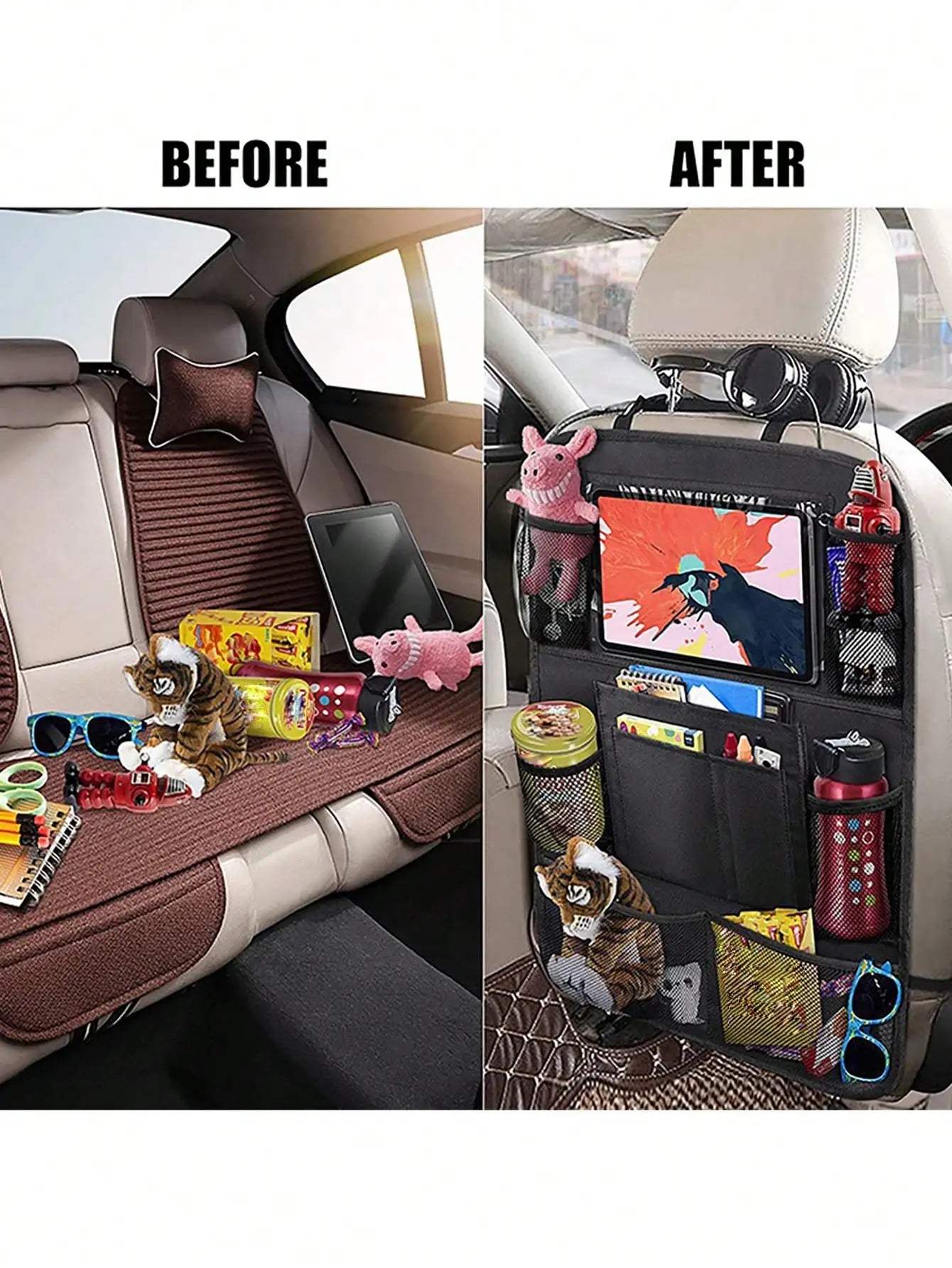 1pc Car Backseat Organizer,Kids Car Seat Protector, Kick Mat with Touch Screen Tablet Holder,Car Backseat Storage Mesh Pockets
