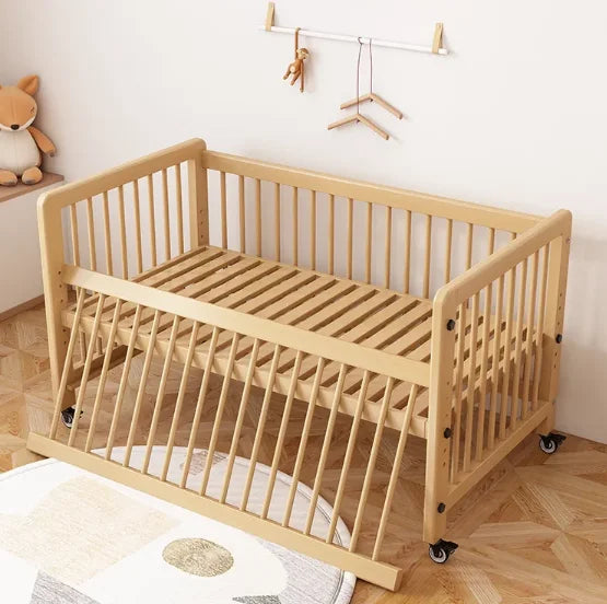 #Solid Wood Crib Baby Bed Comfortable Durable Movable Height Adjustment For Newborn Toddler Includes Wheels For Easy Bedroom