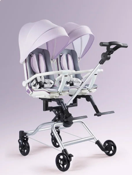 Lightweight Twin Stroller, A Must-have for Two-child Travel, with A Reclining and Sitting Position and A Swivel Seat.