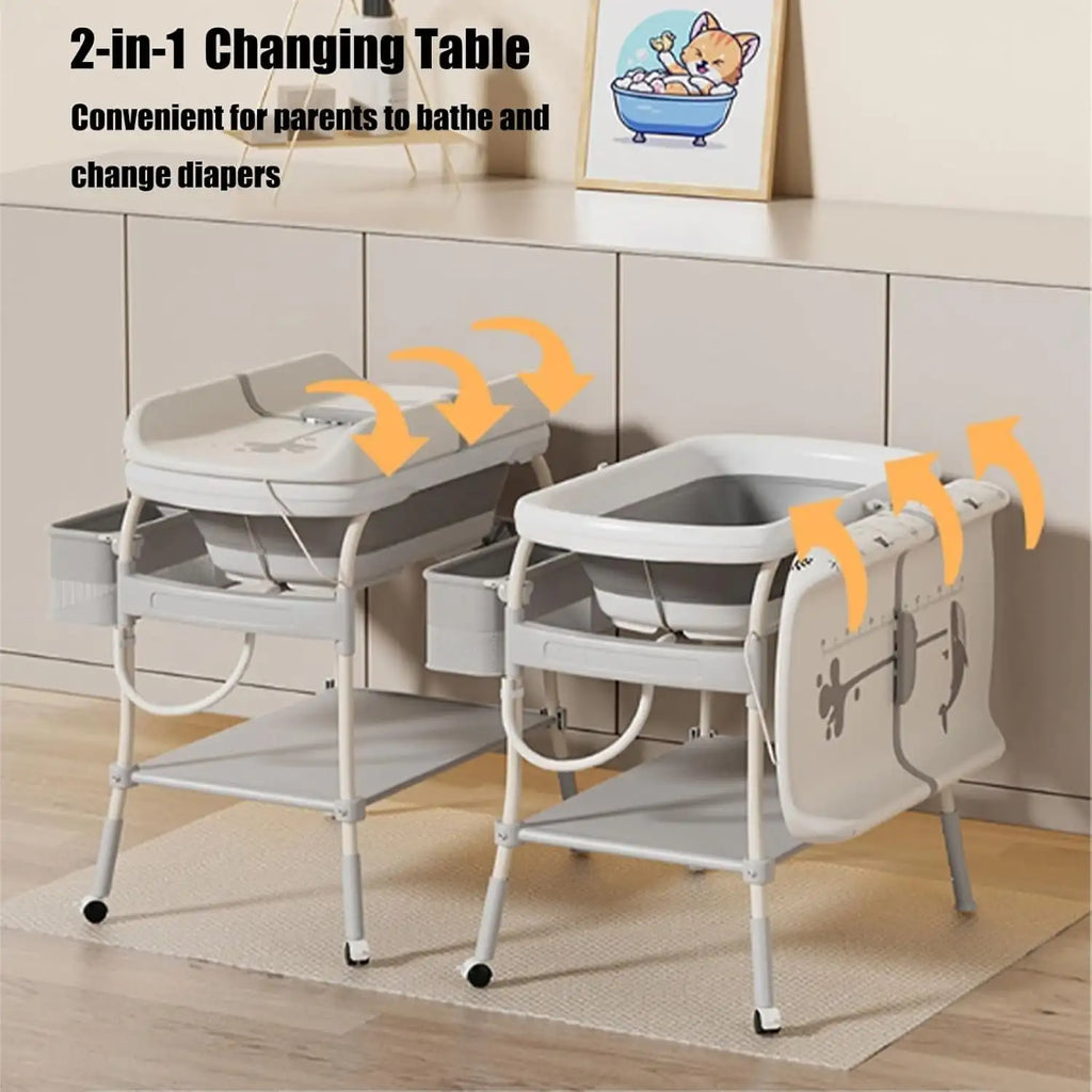 2 in 1 Baby Changing Table with Bath Tub Folding Diaper Dresser Station with Wheels Portable Nursery Organizer Stand for Newborn