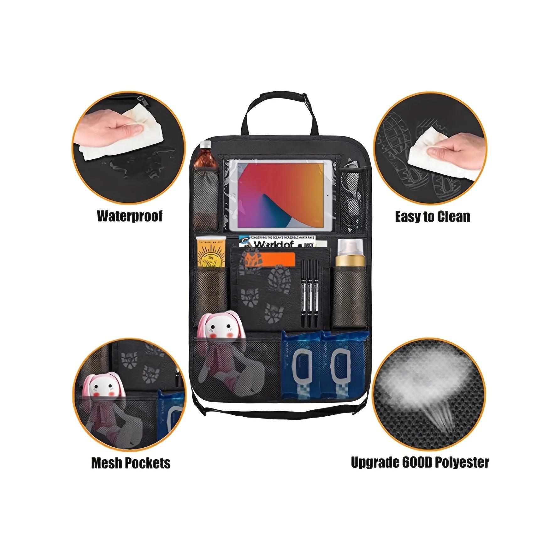 1pc Car Backseat Organizer,Kids Car Seat Protector, Kick Mat with Touch Screen Tablet Holder,Car Backseat Storage Mesh Pockets