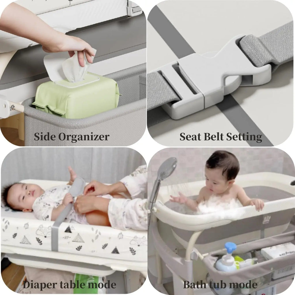 2 in 1 Baby Changing Table with Bath Tub Folding Diaper Dresser Station with Wheels Portable Nursery Organizer Stand for Newborn