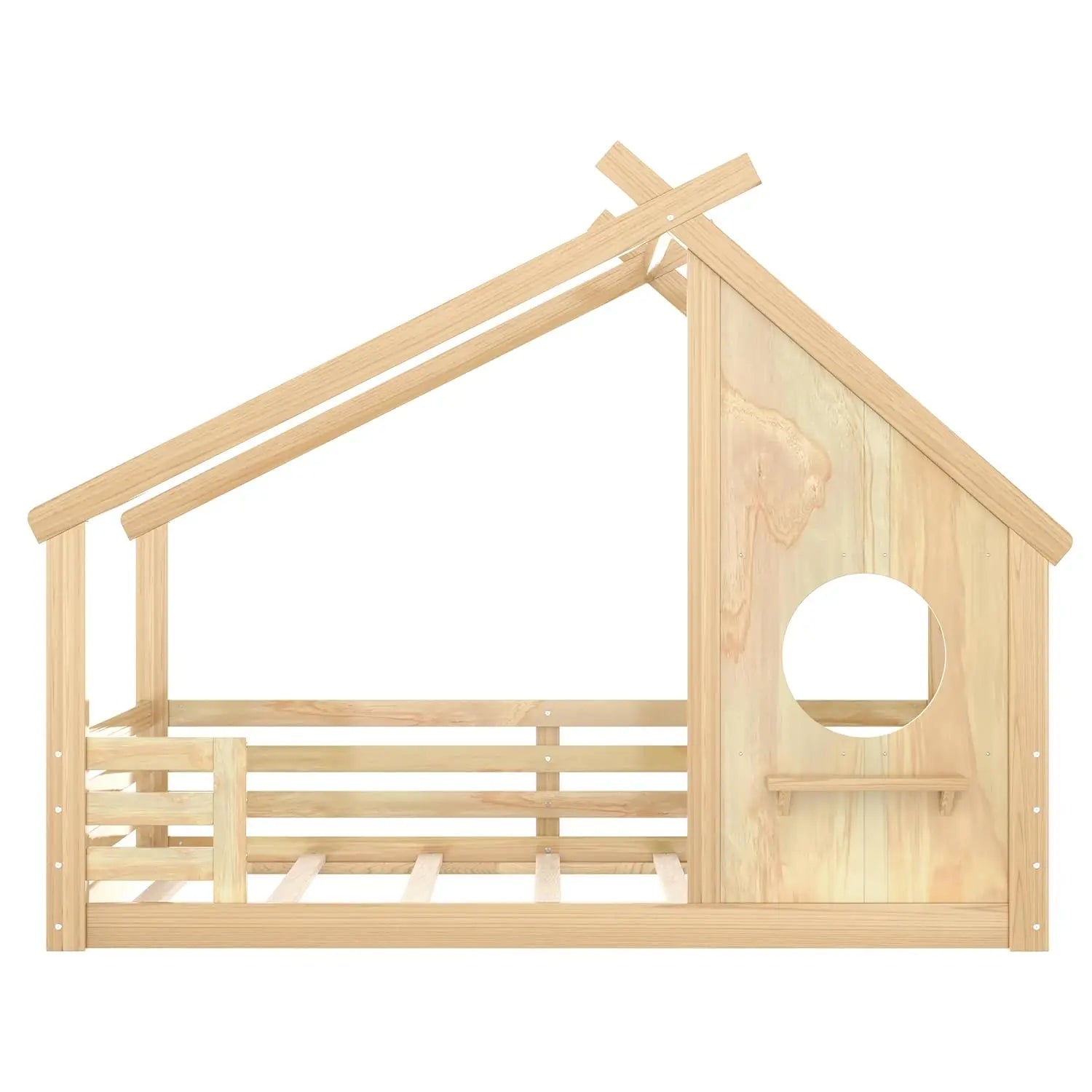 Full Size Floor House Bed with Roof, Solid Wood Montessori Bed Frame with Slats and Guardrails, Kids Playhouse, Customized