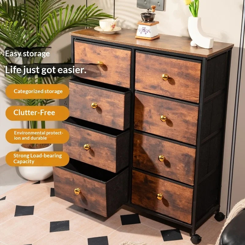 Retro Fabric Folding Drawer Storage Cabinet Living Room Dresser Bedroom Nightstand Organizer Cabinet Sideboard Sideboard