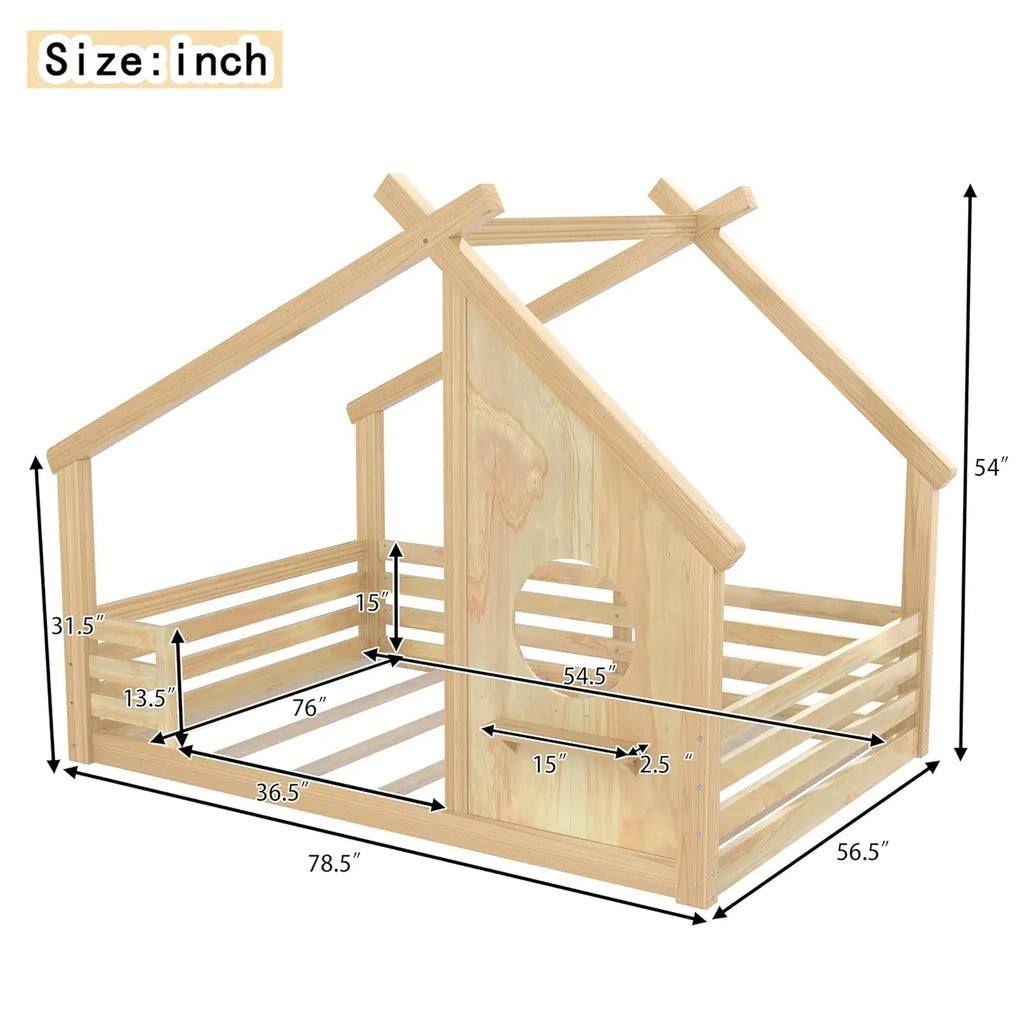Full Size Floor House Bed with Roof, Solid Wood Montessori Bed Frame with Slats and Guardrails, Kids Playhouse, Customized