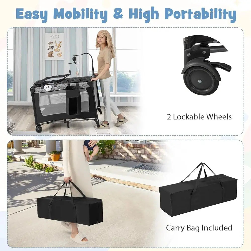 Pack and Play, 4 in 1 Portable Baby Playard with Bassinet, Changing Table, Lockable Wheels, Music Box, oldable Travel Baby Crib