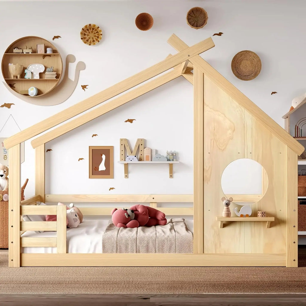 Full Size Floor House Bed with Roof, Solid Wood Montessori Bed Frame with Slats and Guardrails, Kids Playhouse, Customized