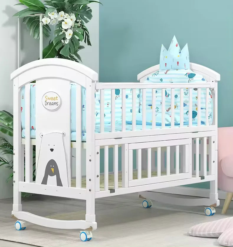 5 in 1 European Style Multifunction White Solid Wood Kids Cribs With Mosquito Net Comfortable Babies Bed for Twins