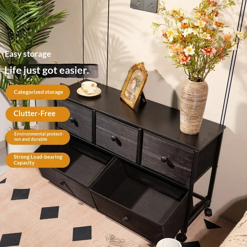 Retro Fabric Folding Drawer Storage Cabinet Living Room Dresser Bedroom Nightstand Organizer Cabinet Sideboard Sideboard