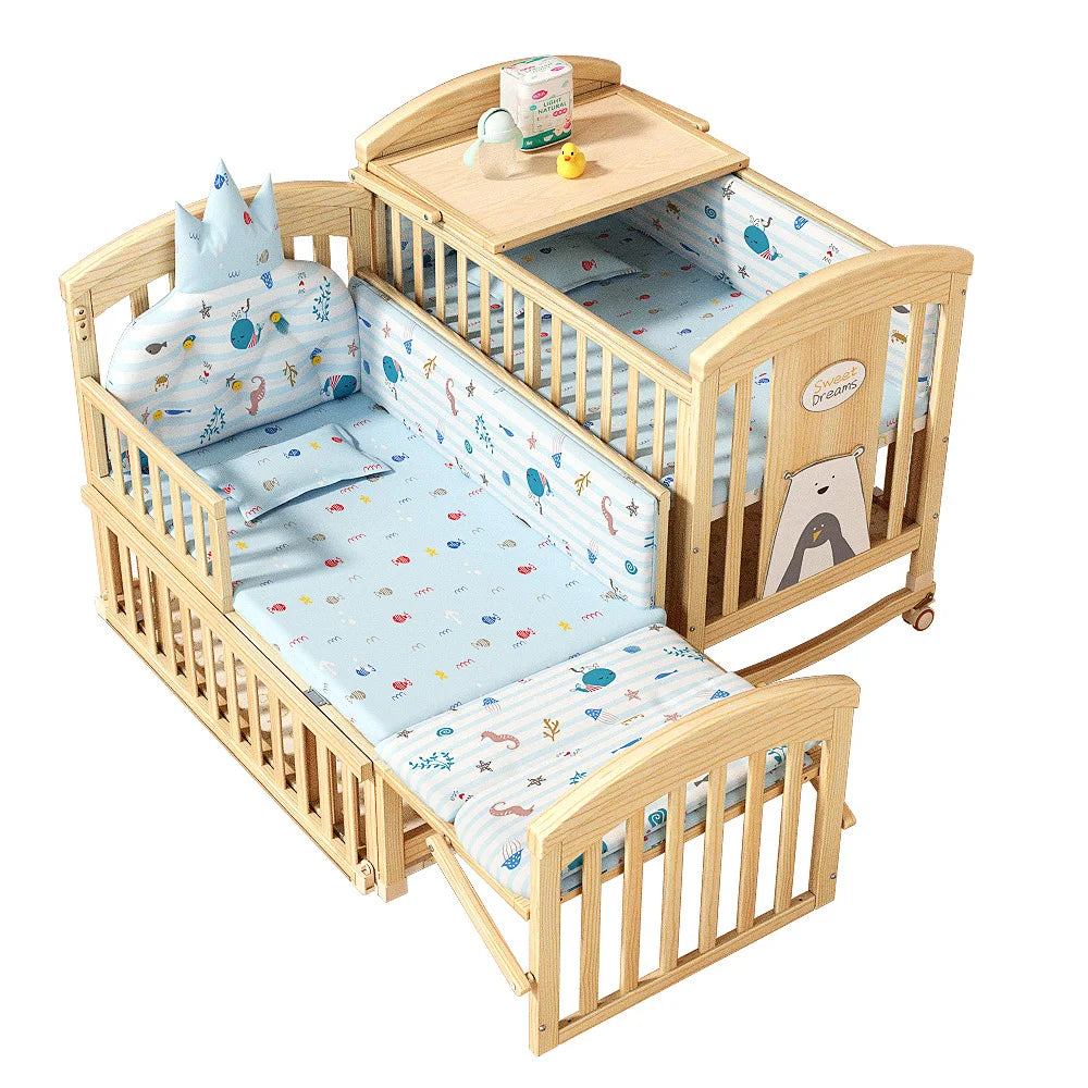 5 in 1 European Style Multifunction White Solid Wood Kids Cribs With Mosquito Net Comfortable Babies Bed for Twins
