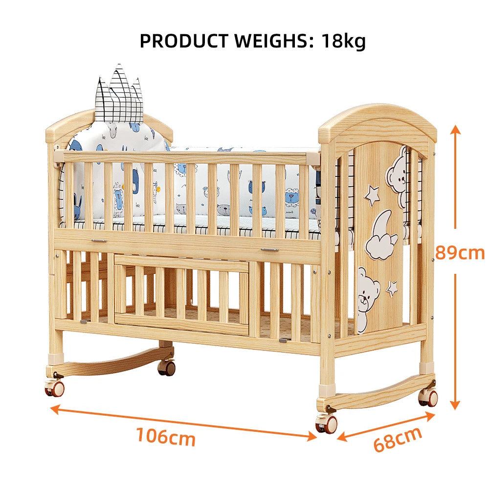 New Comfortable Solid Wood Baby Crib Adjustable Wheels Comfortable Baby Cradle Beds for 0-3 Years Old