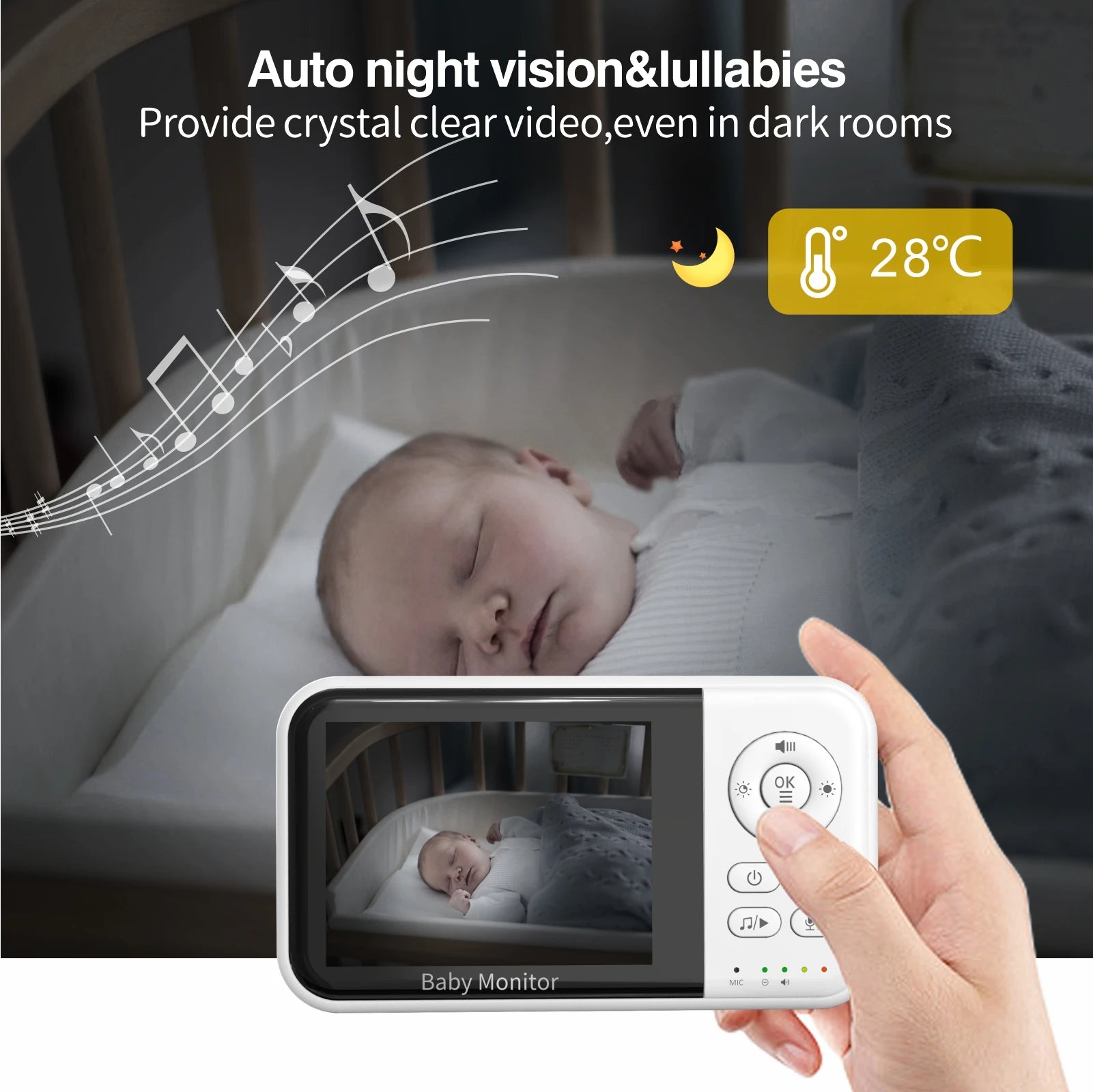 Baby Monitor with Camera and Night Vision 3.2 Inch Screen 2-Way Audio Temperature Sensor 2X Zoom Lullabies Feeding Reminder 22H