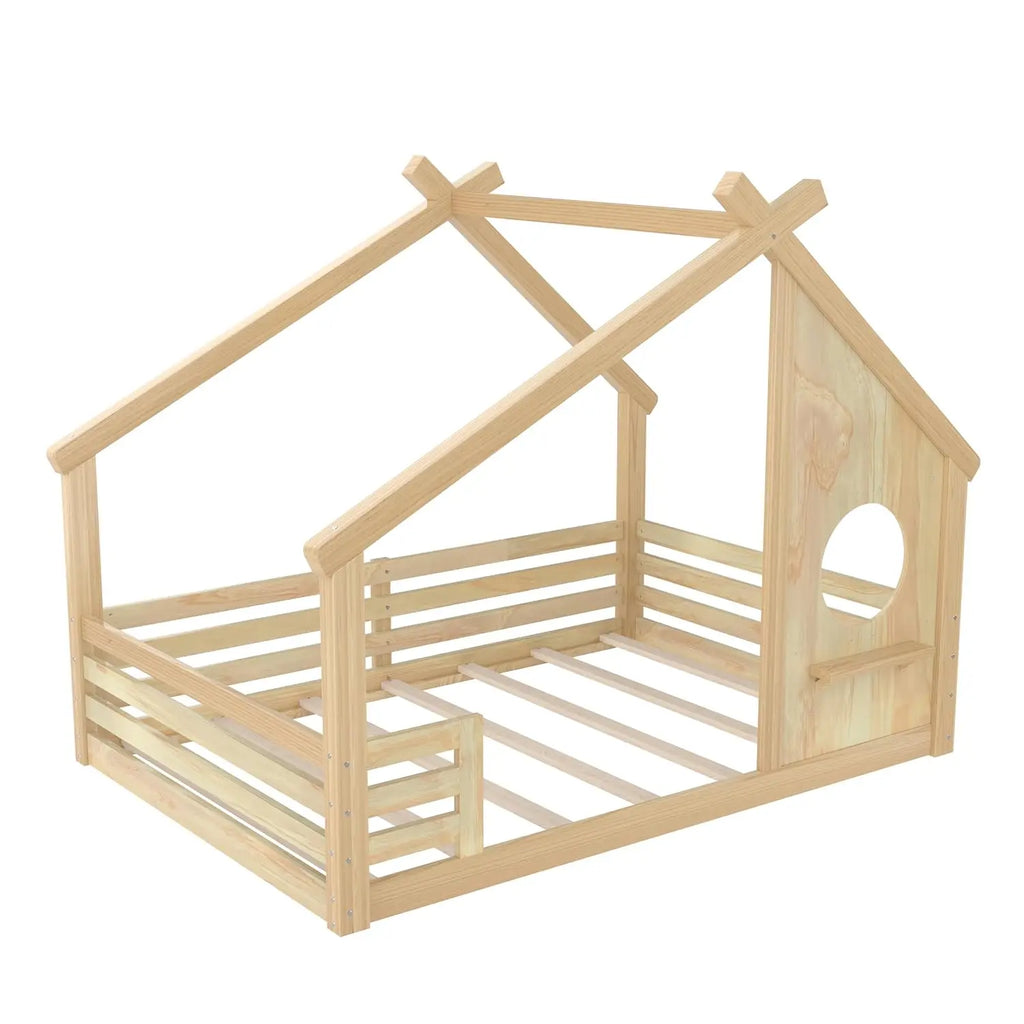 Full Size Floor House Bed with Roof, Solid Wood Montessori Bed Frame with Slats and Guardrails, Kids Playhouse, Customized