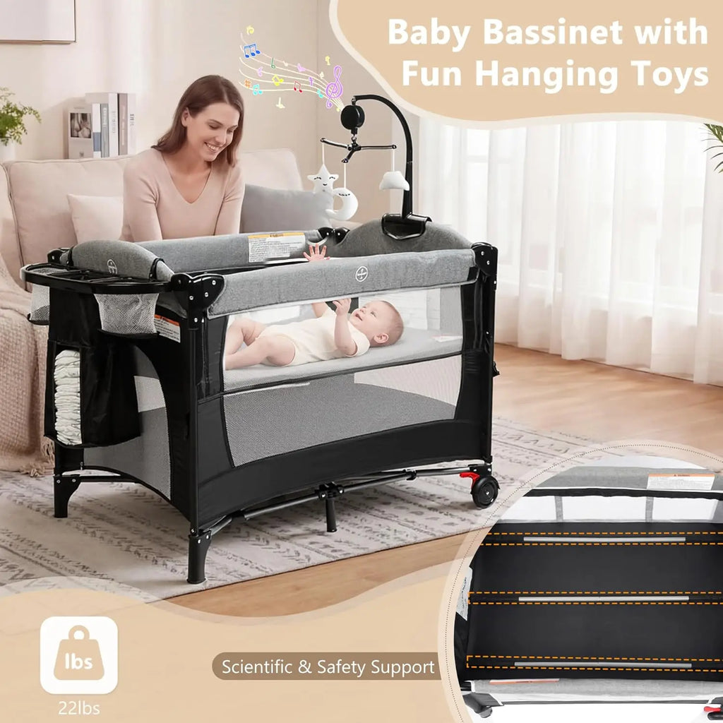Kinder King 4 in 1 Portable Baby Playard, Foldable Baby Bedside Crib w/Bassinet, Infant Pack and Play Playard Toddler Large Play