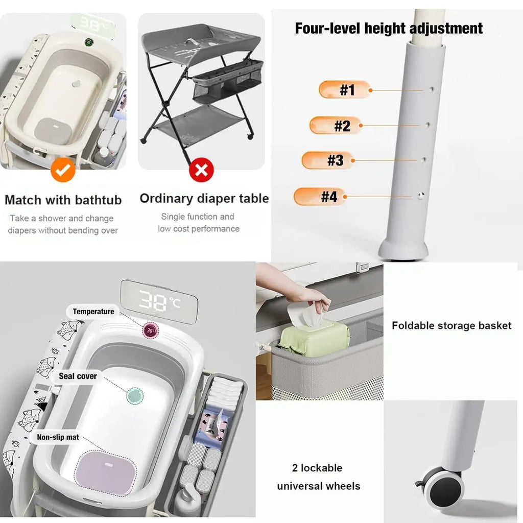 2 in 1 Baby Changing Table with Bath Tub Folding Diaper Dresser Station with Wheels Portable Nursery Organizer Stand for Newborn