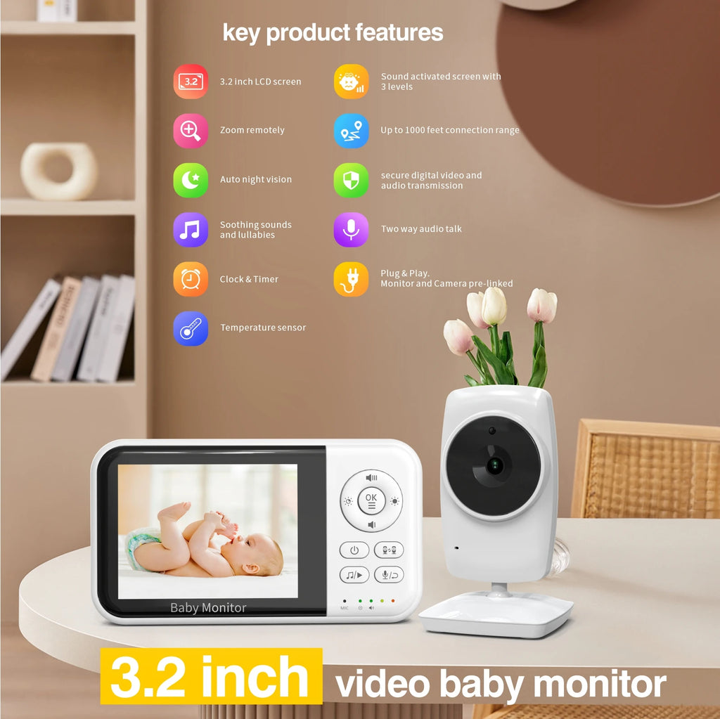 Baby Monitor with Camera and Night Vision 3.2 Inch Screen 2-Way Audio Temperature Sensor 2X Zoom Lullabies Feeding Reminder 22H