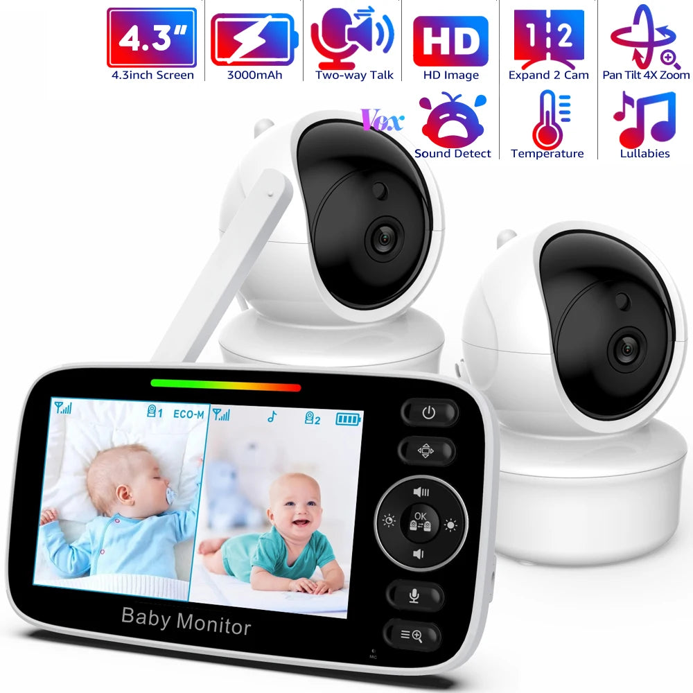 4.3 inch video baby monitor with 2 Cameras Pan Tilt Zoom,3000mAh Battery,Two-way Talk,Night Vision,Temperature,Feeding Reminder
