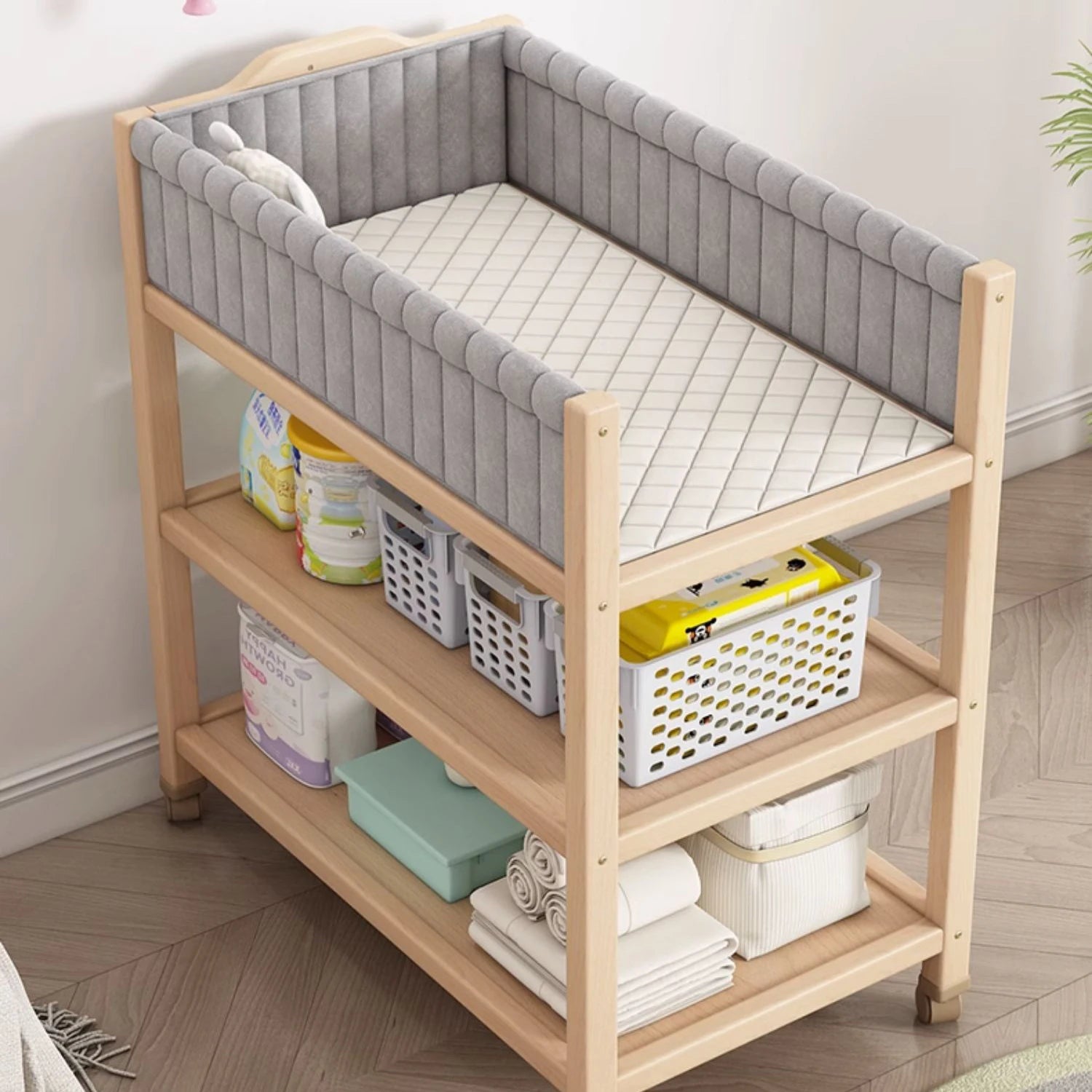 Multifunctional Beech Wood Diaper Table, Solid Wood Frame And Cotton Mat In The Parcel Include