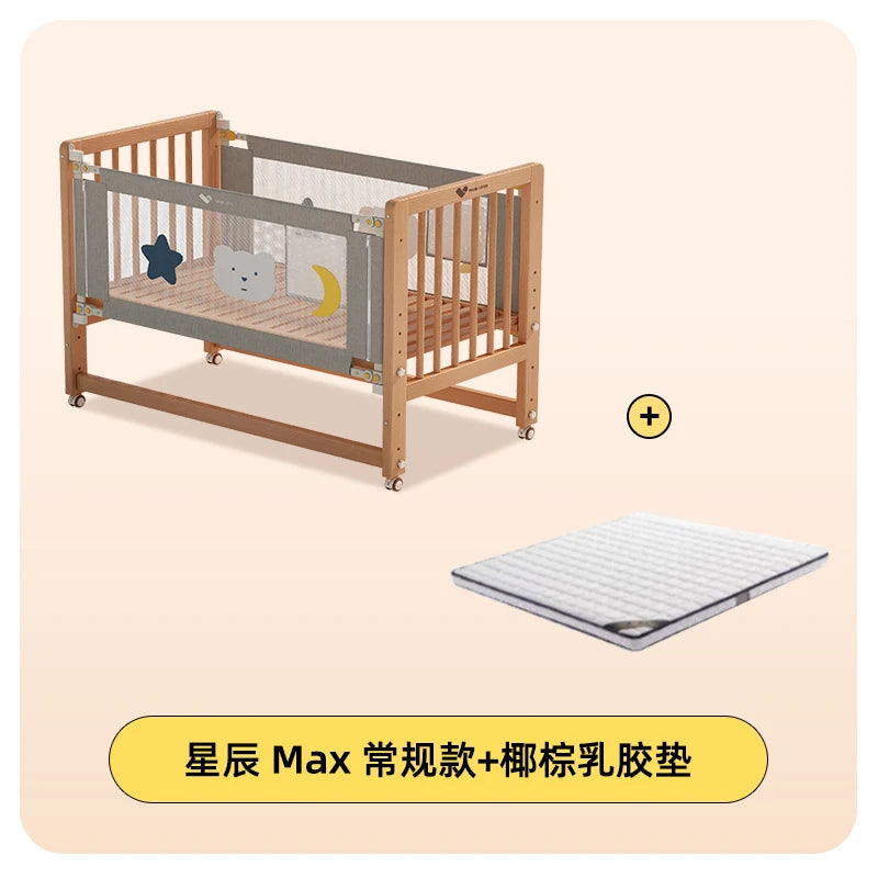 Solid wood crib patchwork bed movable with guardrail widening bedside baby multifunctional beech children's bed