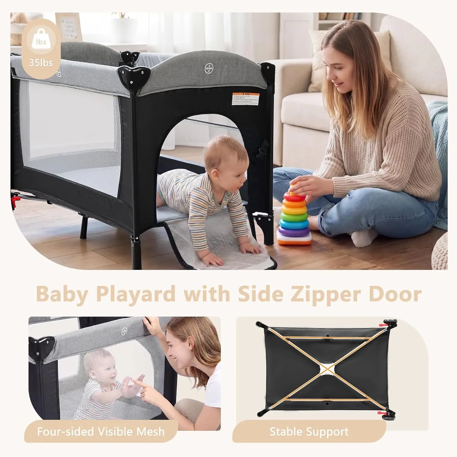 Kinder King 4 in 1 Portable Baby Playard, Foldable Baby Bedside Crib w/Bassinet, Infant Pack and Play Playard Toddler Large Play