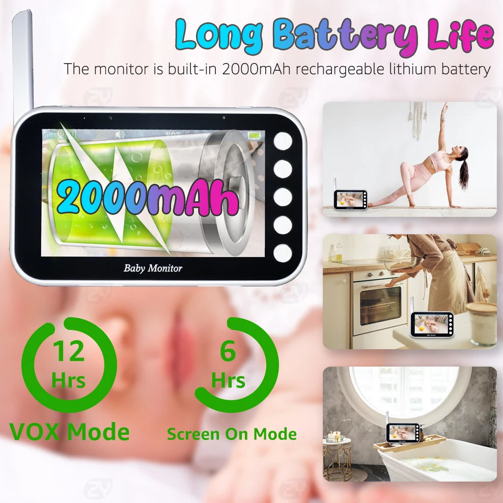 4.3"Baby Monitor with Camera Pan-Tilt-Zoom HD Babyphone 2000mAh Long Battery Life Mobile Baby Camera 2-way Talk Night Vision VOX