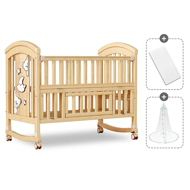 Wood Baby Crib with Newborn Baby Bed Diaper Table Multifunctional Baby Rocking Bed with Wheels and Mosquito Net