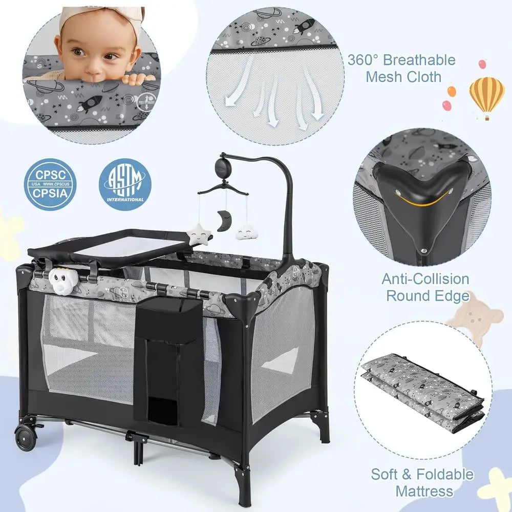 Pack and Play, 4 in 1 Portable Baby Playard with Bassinet, Changing Table, Lockable Wheels, Music Box, oldable Travel Baby Crib