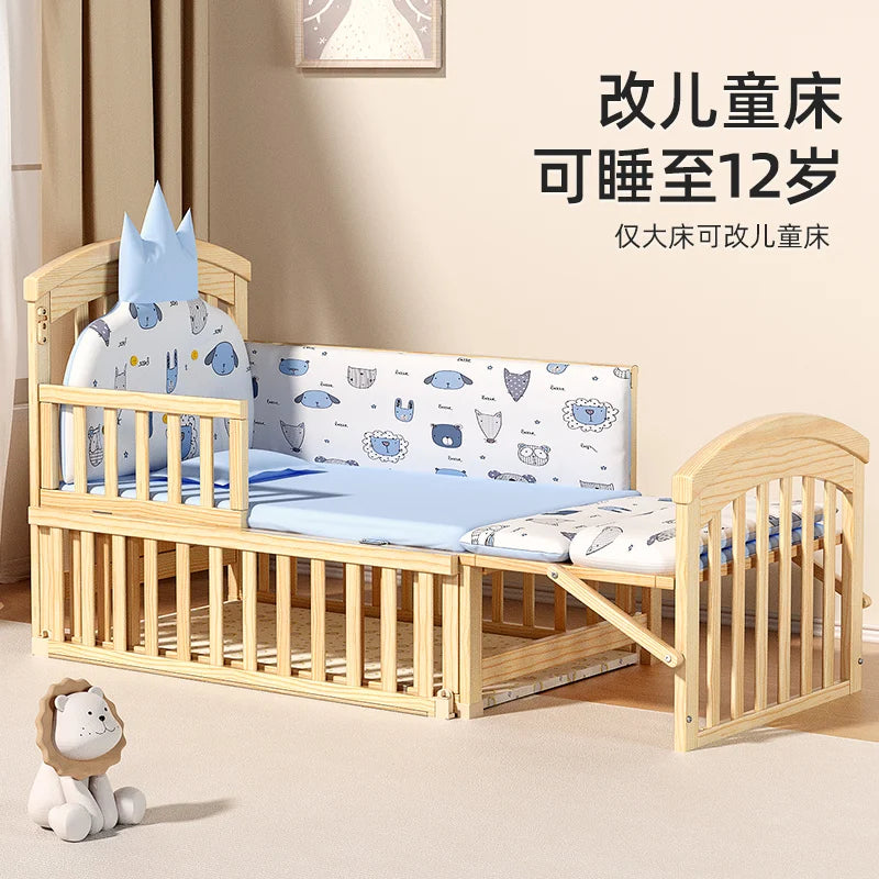 Wood Baby Crib with Newborn Baby Bed Diaper Table Multifunctional Baby Rocking Bed with Wheels and Mosquito Net