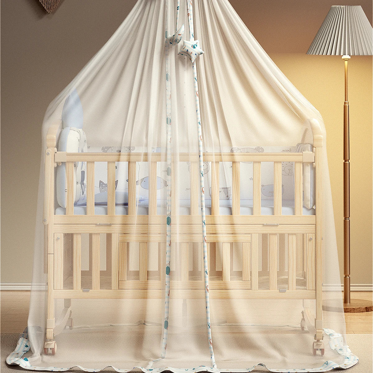 Wood Baby Crib with Newborn Baby Bed Diaper Table Multifunctional Baby Rocking Bed with Wheels and Mosquito Net