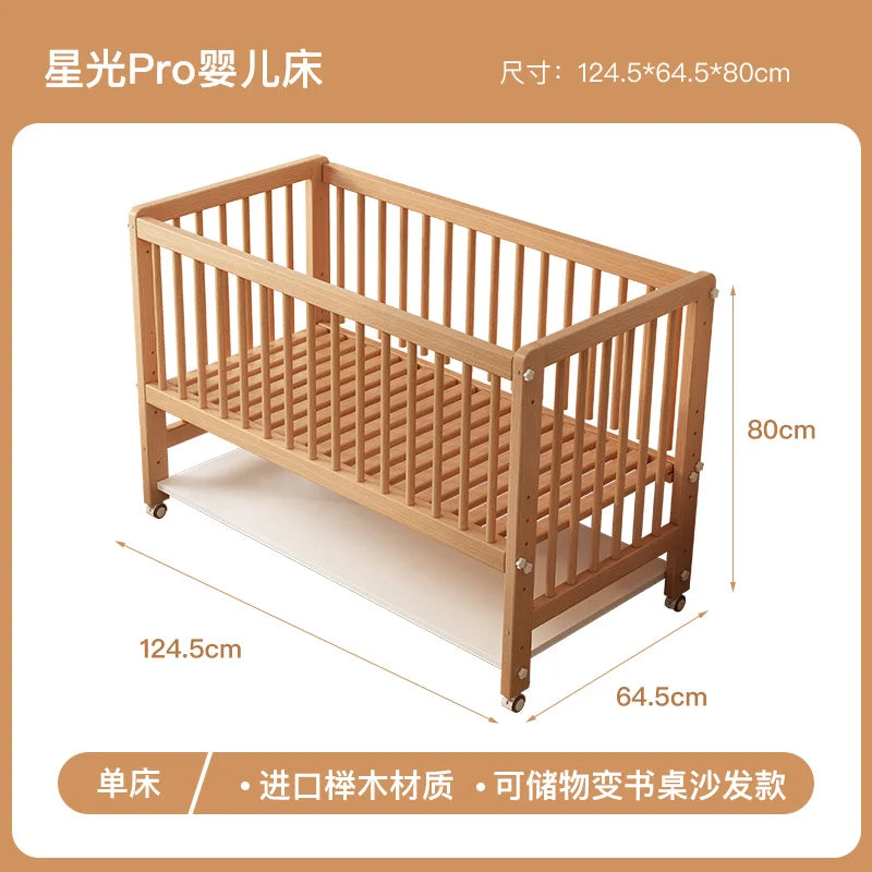 Solid wood crib patchwork bed movable with guardrail widening bedside baby multifunctional beech children's bed